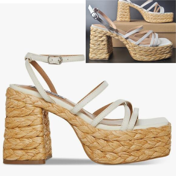 Steve Madden Belise 11 White Leather Strappy Raffia Espadrille Chunky Heels‎ NWB - Picture 1 of 8